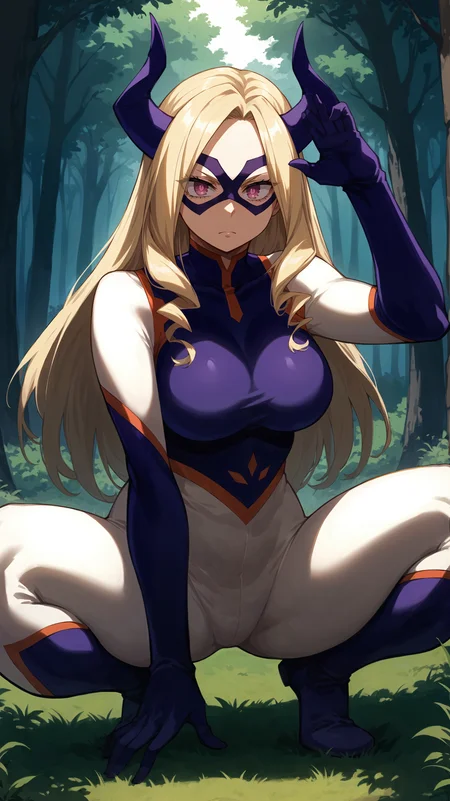 score_9,score_8_up,score_7_up,score_6_up, <lora:xl_more_art-full_v1:0.5>, source_anime, woman, dynamic pose, squatting, <lora:Yu Takeyama (Mt.Lady) - Pony-000004:0.8>, long hair, blonde hair, drill hair, pink eyes, domino mask, purple mask, purple horns, purple bodysuit, white bodysuit, multicolored bodysuit, skintight, purple gloves, forest, tall grass, shadow, harsh shadows, dim lighting, darkness,