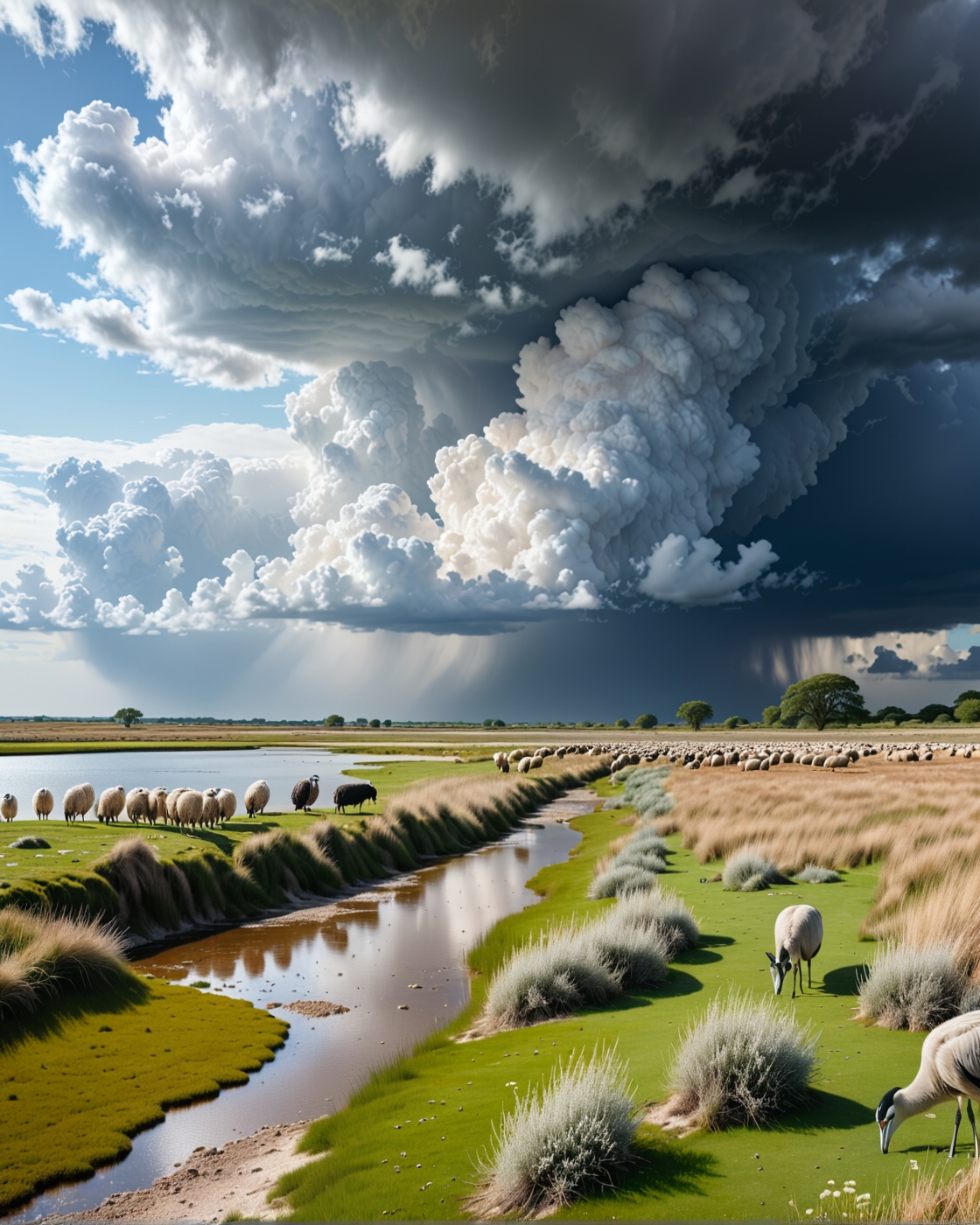 Creator Landscape, 
(style ofJules Dupre (dramatic clouds)), 
grey heron stalking, Chalk downs with grazing sheep flocks, lichen bio crust on dunes, salt evaporation ponds, 
<lora:extremely_detailed:0.8> extremely detailed,
<lora:add-detail-xl:0.3>,
<lora:dreamshaperXL10_lora:0.3>
detailxl,
advntr,