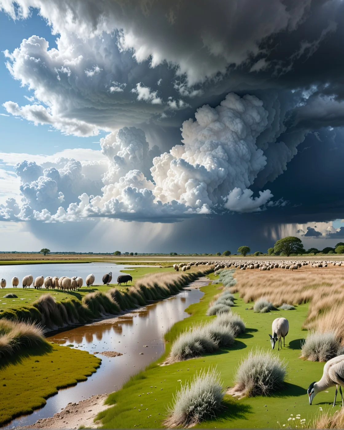 Creator Landscape, 
(style ofJules Dupre (dramatic clouds)), 
grey heron stalking, Chalk downs with grazing sheep flocks, lichen bio crust on dunes, salt evaporation ponds, 
<lora:extremely_detailed:0.8> extremely detailed,
<lora:add-detail-xl:0.3>,
<lora:dreamshaperXL10_lora:0.3>
detailxl,
advntr,