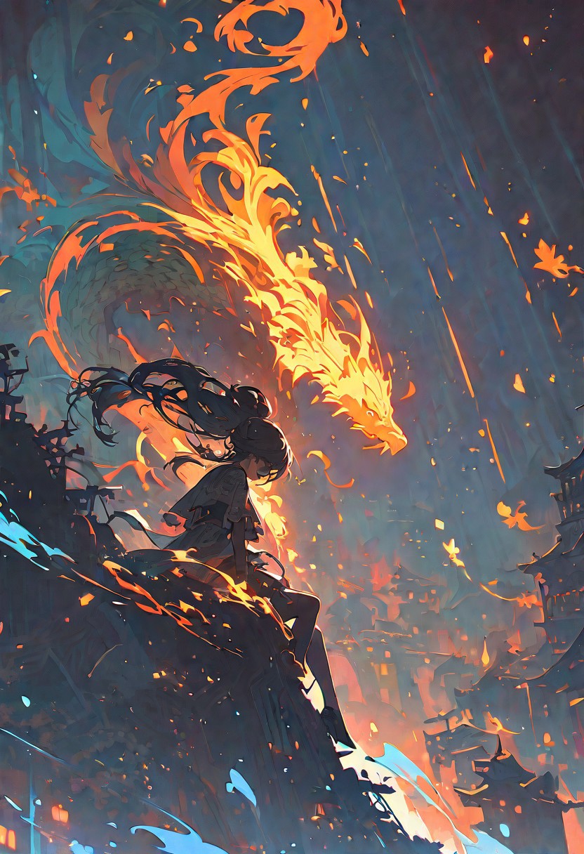 ((masterpiece, best quality, extremely detailed, absurdres)),(fantasic illustration, dynamic lighting), flying above a futuristic Chinese village lit by jade fires, 1girl, artistic use of contrasting colours and brightness, beautiful face, resplendently highlighted.
double exposure
(guarded by a Chinese dragon made of smoke:1.2), two broken moons can be seen in the sky, fullbody, dress, <lora:flat2:-1.8>, 8k, very fine detail, cinematic composition and lighting, gold leaf highlights