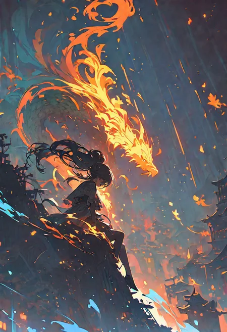 ((masterpiece, best quality, extremely detailed, absurdres)),(fantasic illustration, dynamic lighting), flying above a futuristic Chinese village lit by jade fires, 1girl, artistic use of contrasting colours and brightness, beautiful face, resplendently highlighted.
double exposure
(guarded by a Chinese dragon made of smoke:1.2), two broken moons can be seen in the sky, fullbody, dress, <lora:flat2:-1.8>, 8k, very fine detail, cinematic composition and lighting, gold leaf highlights