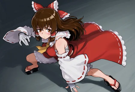 best quality, hires, thick outlines, fullbody, from above,
1girl, solo, (kanna \(cookie\):1.2), (hakurei reimu:0.5),
long hair, brown hair,
hair bow, hair tubes, frilled tubes, frilled bow,
blush sticker, tareme,
bare shoulders, detached sleeves, ribbon trimmed sleeves, white sleeves,
sarashi,
red shirt, frilled shirt collar,
ascot,
bloomers,
showgirl skirt,
platform sandals,
medium breasts,
bandaged hand,
fighting stance, dynamic pose