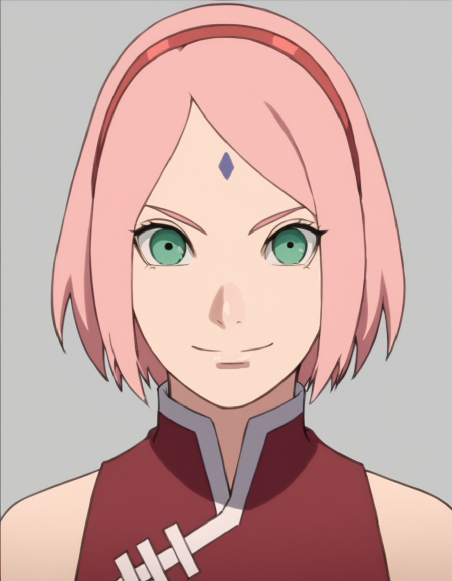 <lora:SakuraBNGPony:1> sakurabng, 1girl, short hair, pink hair, solo, red hairhand, sleeveless, forehead mark, green eyes,smile, red hairband,, looking at viewer, upper body, portrait, simple background,, score_9, score_8_up, score_7_up, score_6_up, score_5_up, score_4_up