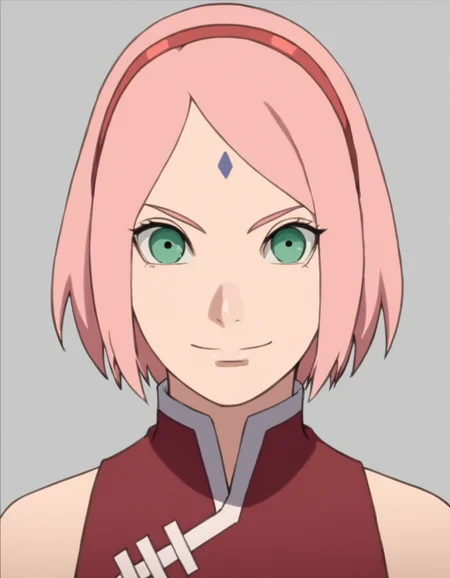 <lora:SakuraBNGPony:1> sakurabng, 1girl, short hair, pink hair, solo, red hairhand, sleeveless, forehead mark, green eyes,smile, red hairband,, looking at viewer, upper body, portrait, simple background,, score_9, score_8_up, score_7_up, score_6_up, score_5_up, score_4_up