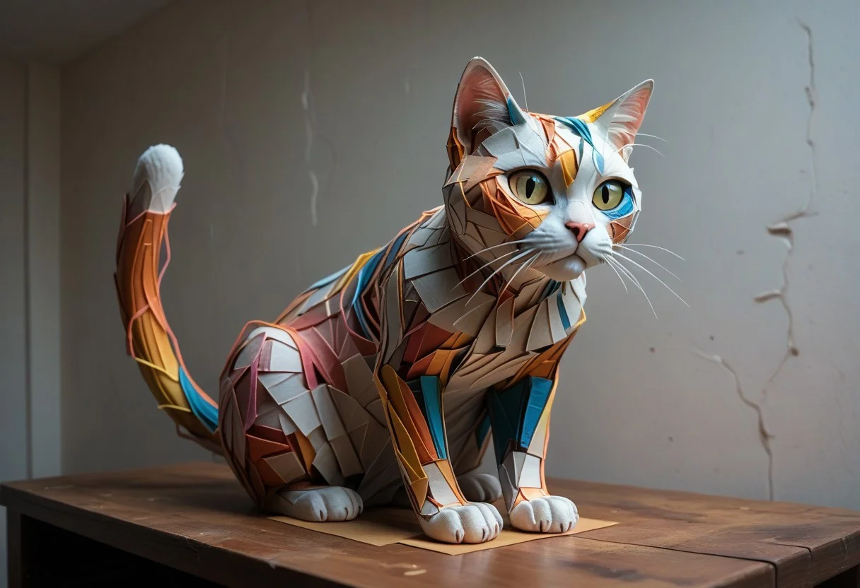 PonyXLV6_Scores, end_tripwire_morph, neon, wires, made of wires, cables, outlined with wires and neon, neon outlines, wire sculpture, neon wire sculpture, endposit_notesmorph, paper sticky notes, made from 3m post it notes, post it notes, paper texture, cat,
