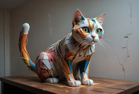 PonyXLV6_Scores, end_tripwire_morph, neon, wires, made of wires, cables, outlined with wires and neon, neon outlines, wire sculpture, neon wire sculpture, endposit_notesmorph, paper sticky notes,  made from 3m post it notes, post it notes, paper texture, cat,