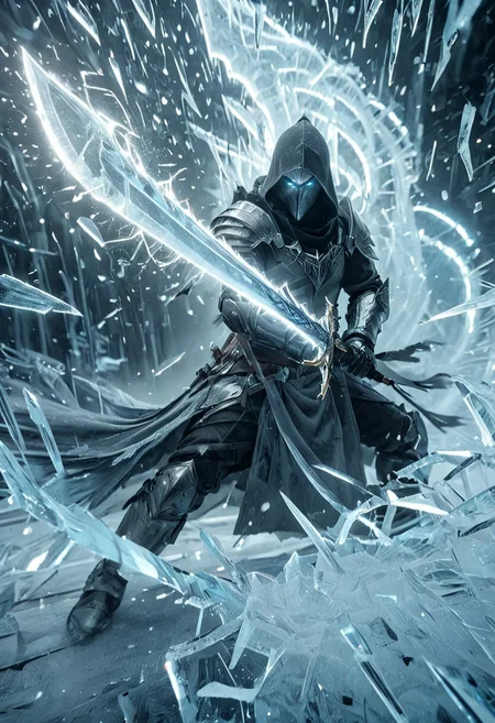 1man, Assasin elysium, Incoming sword, broken glass, reflection, glowing ice slash, shatter, holding sword, glowing sword, motion blur, emphasis line, outdoor in the darkness, looking viewer,