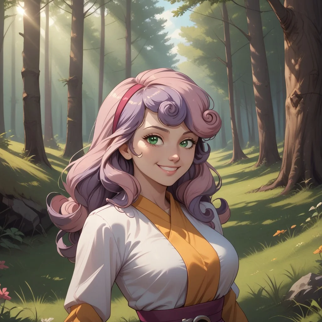 score_9, score_8, BREAK, solo, Sweetie Belle, pink and lavender hair, green eyes, colored skin, white skin, white skin female, adult female, mature female, breasts, sexy pose, self portrait, smile, outdoors, sunlight, shadows, evening lighting, natural lighting, forest, trees, grass, orange sky, sunset