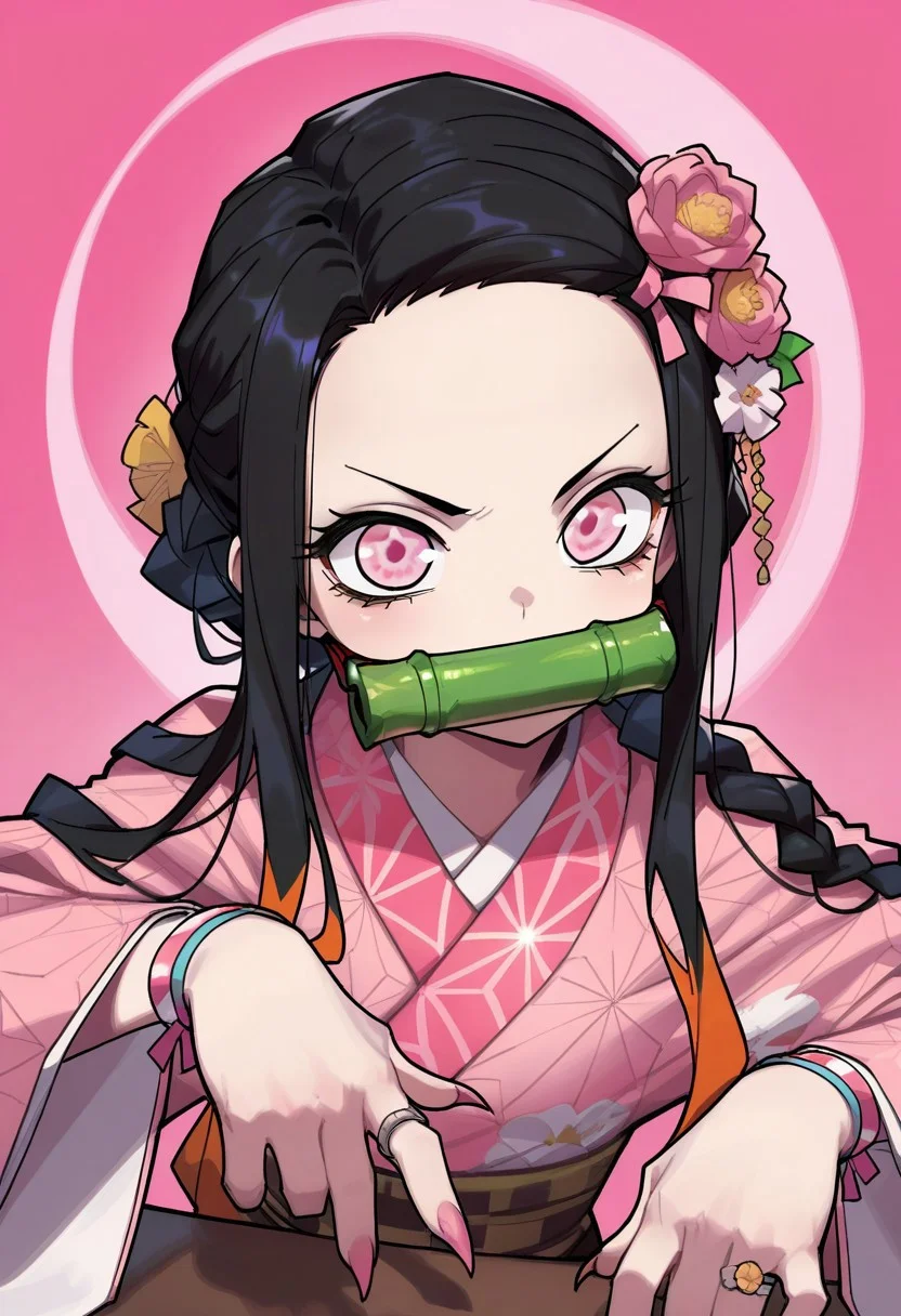 CuteToon_ST, masterpiece, best quality, very aesthetic, high resolution, ultra-detailed, absurdres, newest, detailed eyes, beautiful, perfect lighting, hi res, amazing quality, very awa, painting_(artwork), dynamic lighting, dynamic angle, dynamic pose, cinematic, gorgeous, kamado nezuko, 1girl, bit gag, pink eyes, japanese clothes, hair flower, hair ornament, bamboo, pink ribbon, black hair, asa no ha (pattern), pink kimono, jewelry, hair ribbon, ring, looking at viewer, long hair, multicolored hair, gagged, braid, pink background, pink flower, pink nails, upper body, long sleeves, wrist cuffs, nail polish, forehead, alternate costume, print kimono, sharp fingernails