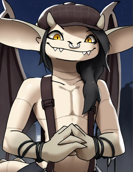 score_9, score_8_up, score_7_up, score_6_up, score_5_up, score_4_up, source_furry, eqjv, ajm, ivy \(deadlock\), deadlock, valve, gargoyle, 4 fingers, anthro, big ears, black hair, bottomwear, clothed, clothing, facial piercing, fangs, featureless chest, female, fingers, hair, hat, headgear, headwear, long ears, looking at viewer, nose piercing, nose ring, piercing, ring piercing, septum piercing, septum ring, sharp teeth, smile, solo, suspenders, tail, teeth, topless, wings, detailed background, outside, city, night, dark background, new york, tan body, (headshot portrait, portrait, close-up:1.3), flat chested, flat chest, horn, (hands together, own hands together, own hands clasped, fingers, 3 fingers:1.1),
<lora:ivy-deadlock-v2_pdxl:1>