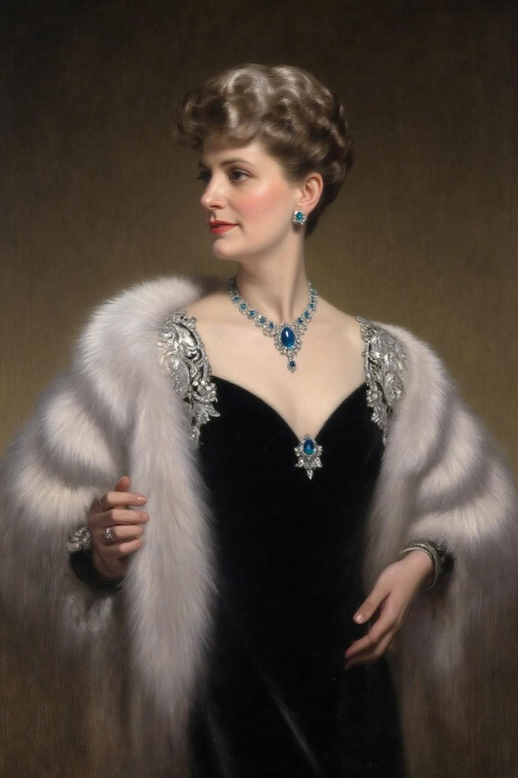 frankowensalisbury1 painting.
A woman dressed in an elegant black gown with intricate silver embroidery on the shoulders. She is adorned with a luxurious white fur stole draped over her shoulders, and a striking blue necklace with a large blue gemstone and smaller blue stones. Her short hair is styled into curls, and she is wearing matching blue earrings. The background is a muted, dark brown. <lora:frankowensalisbury1_cap_d8a4:1.0><lora:863249237335345532:0>