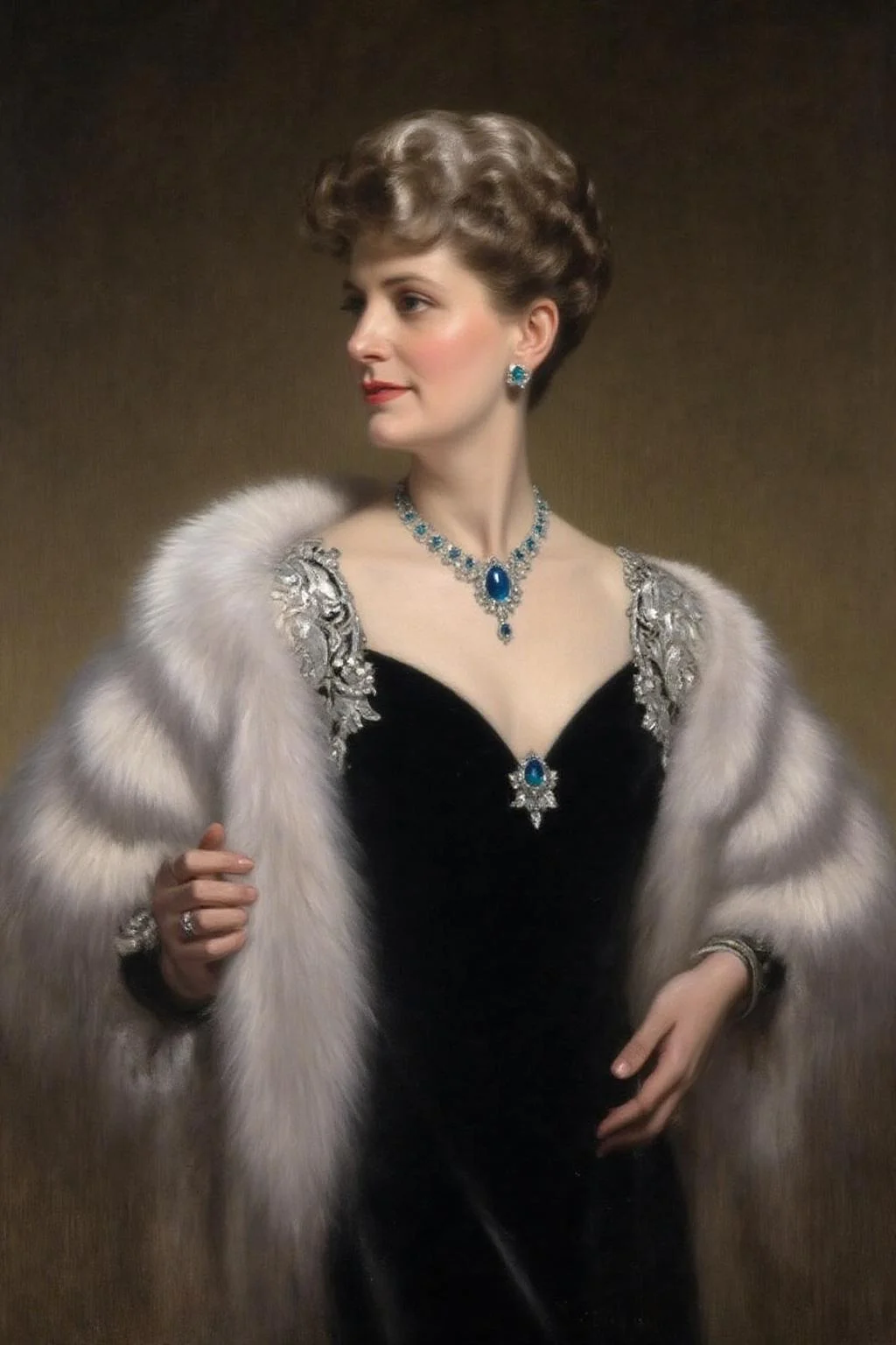 frankowensalisbury1 painting.
A woman dressed in an elegant black gown with intricate silver embroidery on the shoulders. She is adorned with a luxurious white fur stole draped over her shoulders, and a striking blue necklace with a large blue gemstone and smaller blue stones. Her short hair is styled into curls, and she is wearing matching blue earrings. The background is a muted, dark brown. <lora:frankowensalisbury1_cap_d8a4:1.0><lora:863249237335345532:0>