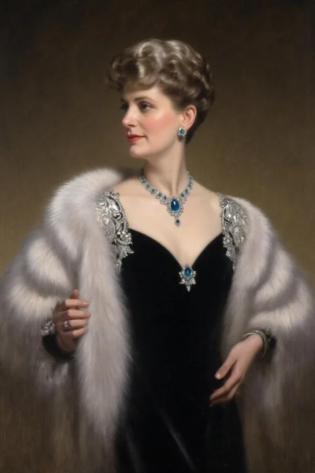frankowensalisbury1 painting.
A woman dressed in an elegant black gown with intricate silver embroidery on the shoulders. She is adorned with a luxurious white fur stole draped over her shoulders, and a striking blue necklace with a large blue gemstone and smaller blue stones. Her short hair is styled into curls, and she is wearing matching blue earrings. The background is a muted, dark brown. <lora:frankowensalisbury1_cap_d8a4:1.0><lora:863249237335345532:0>
