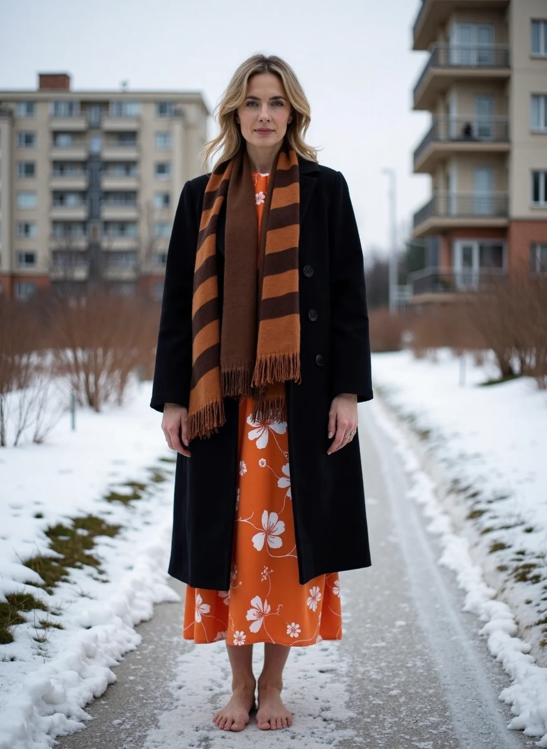 The image depicts a woman standing outdoors on a snowy path. The individual is wearing a black coat over an orange dress adorned with white floral patterns. They have accessorized with a long, striped scarf in shades of brown and orange that drapes around their neck and shoulders. The woman's feet are bare, suggesting it might be cold outside. In the background, there are multi-story residential buildings with balconies, indicating an urban setting. The ground is partially covered with snow, and the sky appears overcast. photorealistic 8K, film grain, textured skin, dramatic lighting, RAW photo, highly detailed