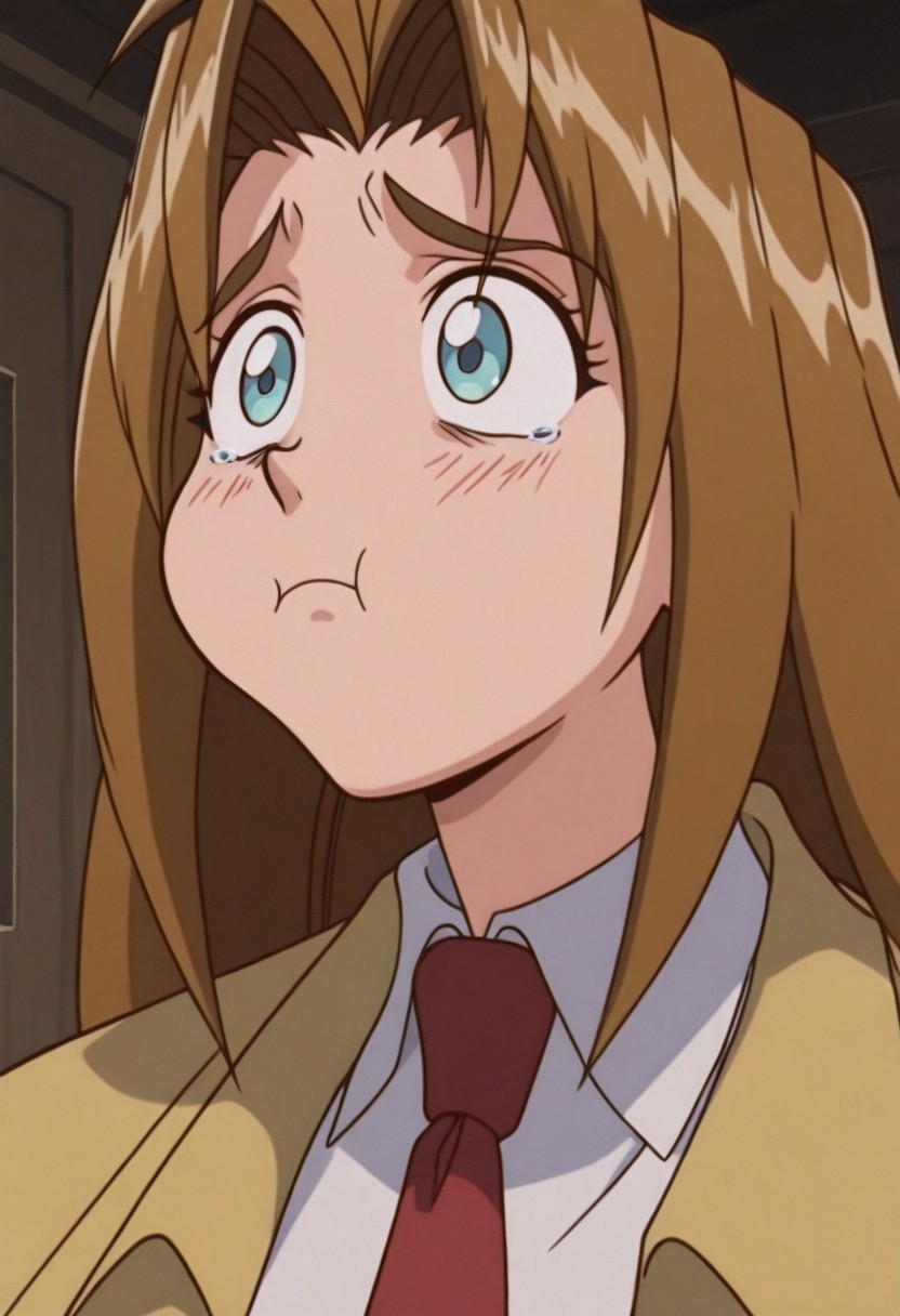 trigunstylev2, amazing quality, best quality, masterpiece, parody, 1girl, solo, Milly Thompson, red necktie, sad, funny face, cute, pout, close-up