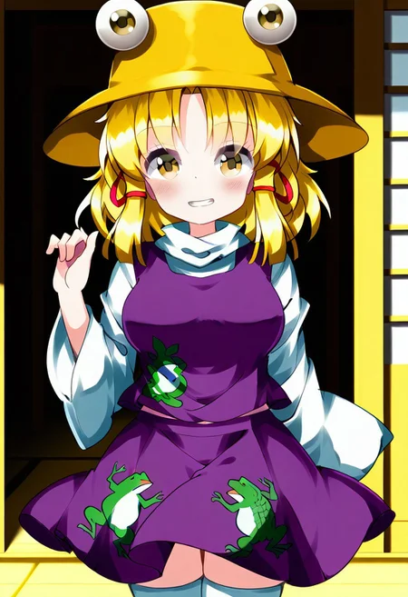 ruu style, (japanese shrine), (feudal japan), daytime, 1girl, solo, naughty smile, teeth, ((large breasts)), ((blush)), ((standing)), ((posing)), looking at viewer, ((moriya suwako)), blonde hair, yellow eyes, hat, white shirt, wide sleeves, purple skirt, purple vest, frog print, white thighighs