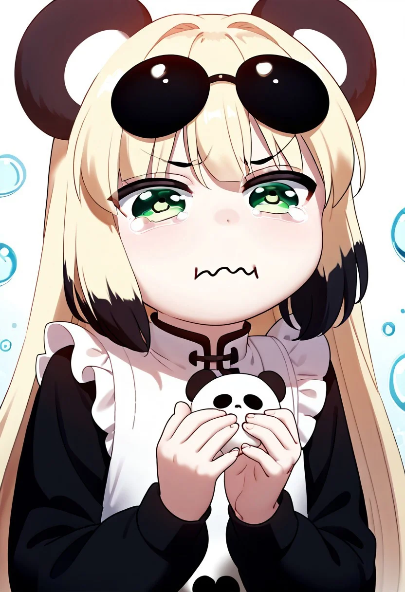 score_9, score_8_up, score_7_up, score_6_up, score_5_up, score_4_up,, 1girl, solo, original anime, panda girl, long hair, blonde hair, black panda ears, black ears, flat chest (green eyes: 1.1), wavy mouth, closed mouth, tearing up,