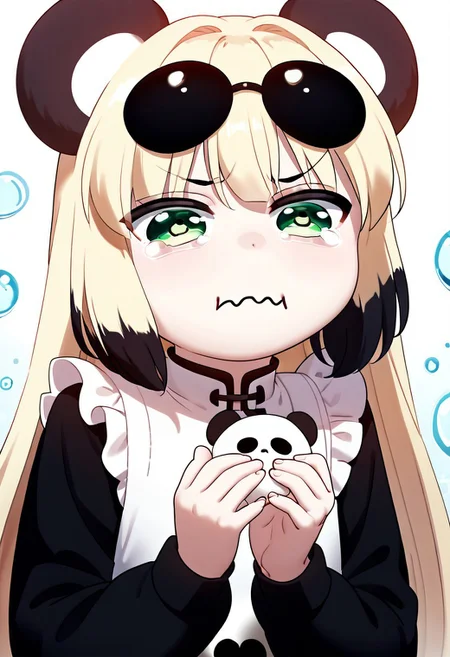score_9, score_8_up, score_7_up, score_6_up, score_5_up, score_4_up,, 1girl, solo, original anime, panda girl, long hair, blonde hair, black panda ears, black ears, flat chest (green eyes: 1.1), wavy mouth, closed mouth, tearing up,