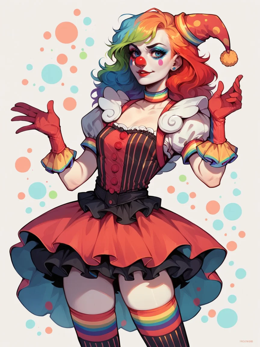 score_9, score_8_up, score_7_up, score_6_up, 1girl, <lora:c1rcus2XLP:0.6> c1rcus, clown, multicolored hair, thighhighs, gloves, makeup, striped, hat