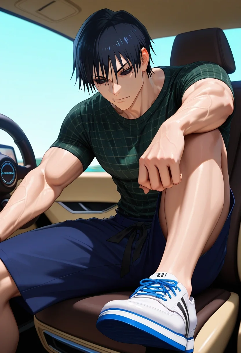masterpiece, best quality, intricate details, (3d:0.4), , 1boy, solo, male focus, <lora:touji_fushiguro_ilxl:0.96>, touji_fushiguro, black hair, black eyes, short hair, hair between eyes, bangs, colored sclera, black sclera, , , Pleated shorts, Tweed Rosewood Muscle T-shirt, Driving shoes, , and