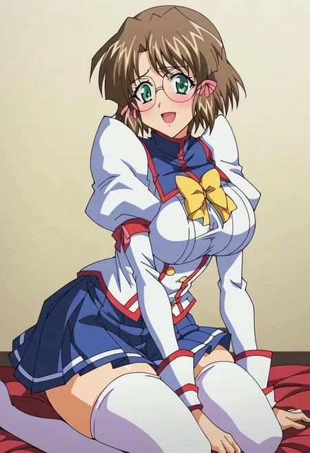 <lora:RaikaKenStyle-09:1> true blue kaya, short hair, brown hair, hair ribbon, green eyes, glasses, blush, (school uniform), skirt, thighhighs, long sleeves, white jacket, blue skirt, miniskirt, puffy sleeves, pleated skirt, <lora:Kaya_-_a«a¤_TRUE_BLUE_Gaiden_for_Pony:1>, rating_questionable,1girl, breasts, solo, large_breasts, kneeling, one_hand_on_ground, other_hand_on_thigh, torso_twist, side_view, elegant_pose, soft_lighting, medium_angle, clean_background, artistic_composition
score_9, score_8_up, score_7_up, score_6_up, shiny, shiny skin, shiny hair, 8k, masterpiece, absurdes, highly detailed, highres, high quality, best quality, anime screencap, anime coloring, happy