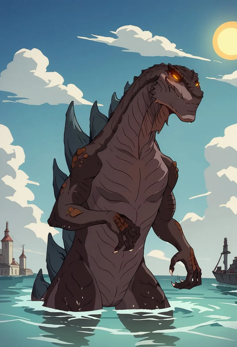 score_9, score_8_up, score_7_up, cowboy shot, Evil Dead style, godzilla_TAS, glowing eyes, scales, upper body, wading, shallow water, blue sky, white clouds, miniature dock, scenery, day, yellow sun,