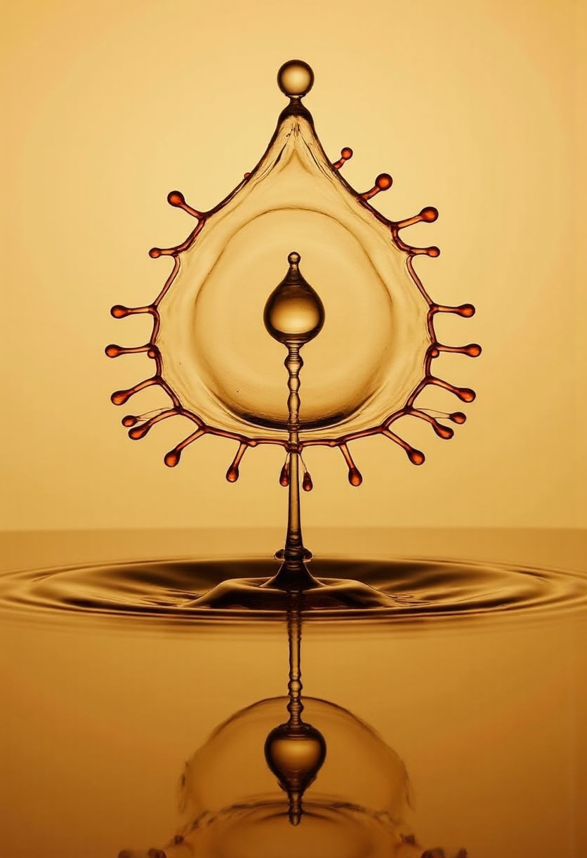 In the shape and style of a yfg-dr0p water drop splash photo of a , Symmetrical frontal image, deep unconscious, epiphany, mutation, metanoia, surrealism, psychosis, cubist style, ochre tones, Yves Tanguy, Roger Ballen, Christopher Wool, hyper-detailed.