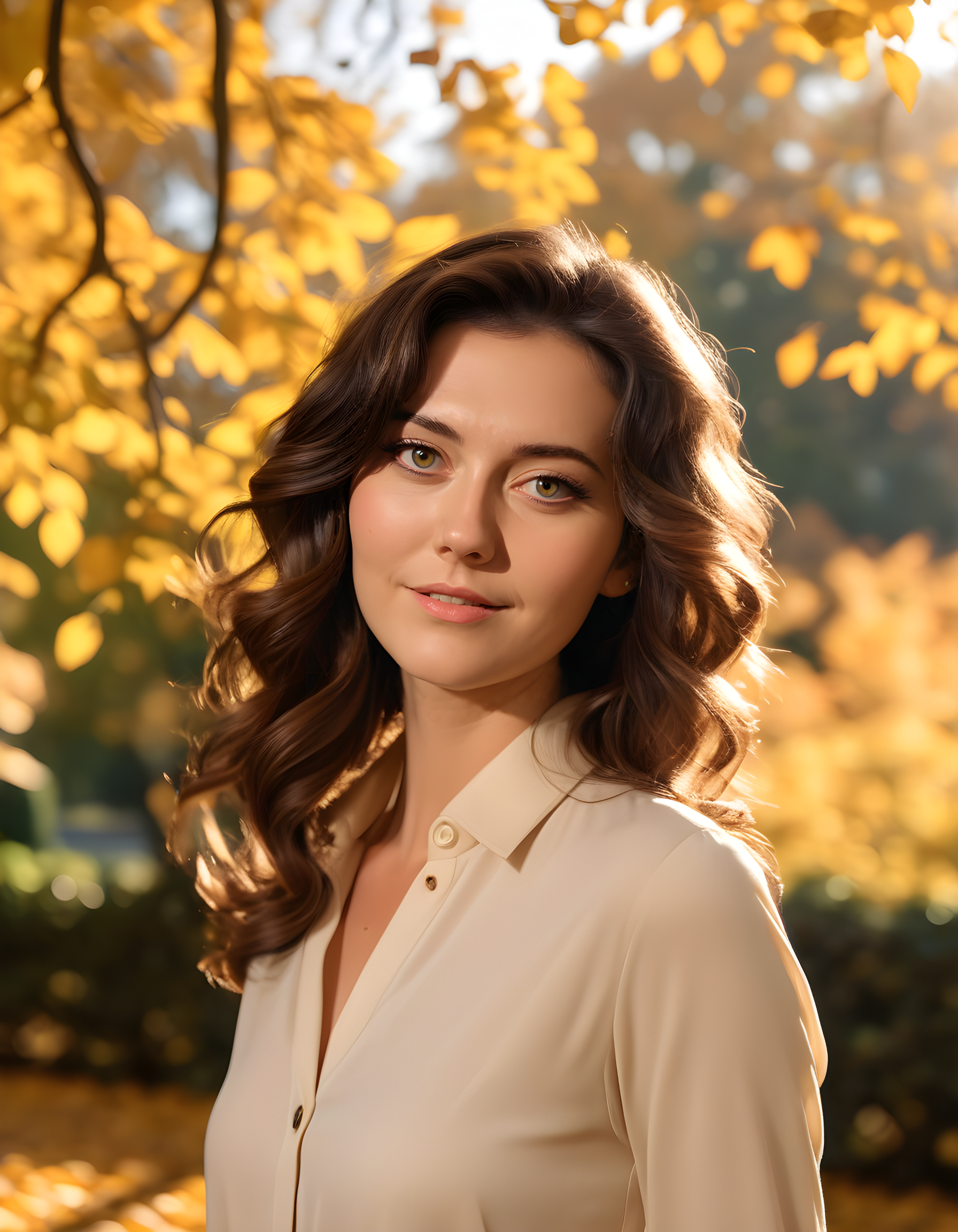 In a vibrant autumnal park adorned with golden leaves and a backdrop of a rustling, sun-kissed tree canopy, M4RY3W, a radiant woman with a cascade of dark, wavy hair framing her warm brown eyes, stands before the camera. Her soft smile lingers as she gazes directly at the viewer, her parted lips tinged with a hint of pink, and she wears an elegant yet understated outfit of a cream-colored blouse and black tailored pants that accentuate her poise and confidence. The afternoon sunlight filters through the leaves, casting dappled shadows on her face, creating a warm, inviting ambiance that underscores the serene beauty of the moment.