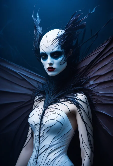 score_9, score_8_up, score_7_up, score_6_up, full body painting of a japanese female, (((one large leathery bat wing))), horrifically captivating beauty, pale bone white skin, dress made of black leather straps, very long white hair, hair wrapped around body, white eyes with no pupils, Sexual, seductive, large hanging breasts, breast focus,  aroused, enticing the viewer closer, painted in style of clive barker, inspired with hellraiser like design, dark shot, shadows, dim light, field of depth, dark light, red and black theme, abandoned house in background, decaying facial skin, despair, lustful
BREAK
cinematic angle, unique perspective, dramatic lighting
BREAK
sharp tongue like a motherfucker, better show your knife