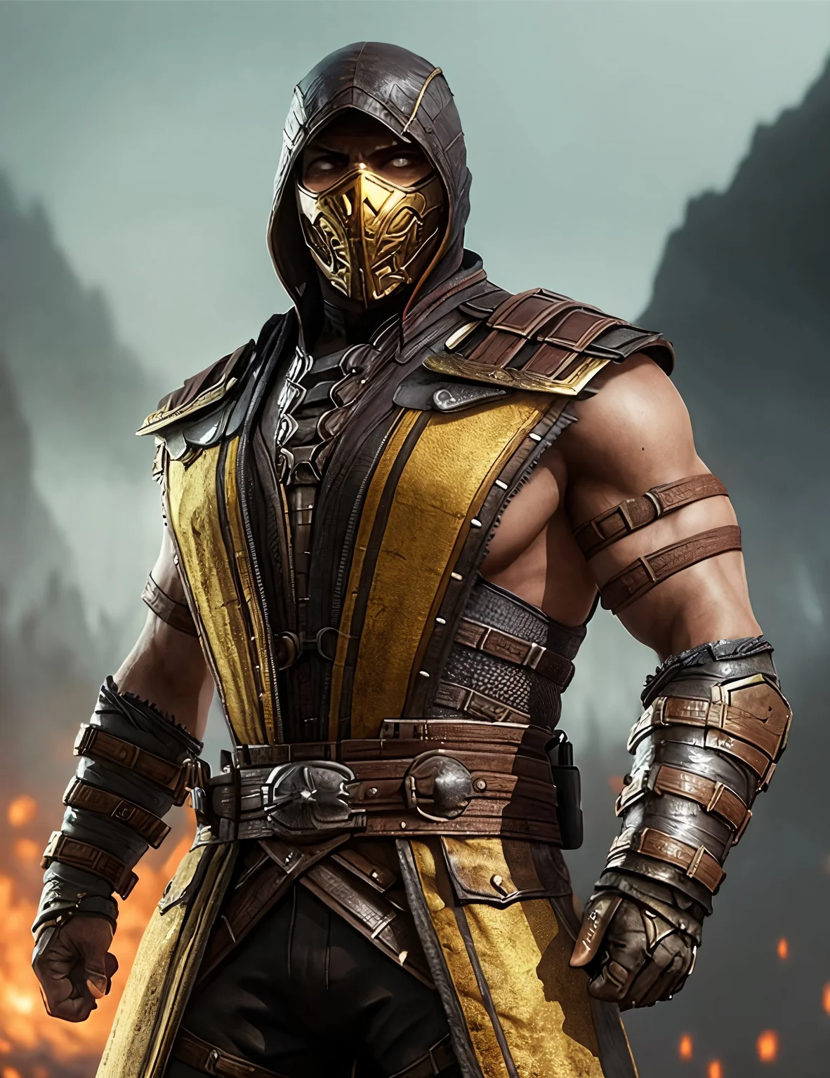 a brutal warrior, scorpion, (posing:1.5), by conor harrington <lora:Scorpion:0.75>