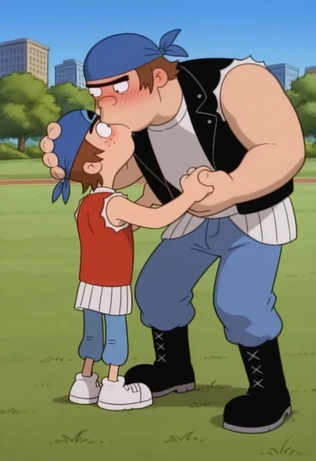 source_cartoon, score_9, score_8_up, score_7_up, High Quality, 2boys, body difference, break
torvald, 1boy, blue bandana, brown hair, black eyes, unibrow, thick eyebrow, big body, blue pants, black leather boots, red sleeveless shirt, black sleeveless jacket, open jacket, break
1boy, Black hair, Black eyes, short hair, Black eyebrows, thin, white shirt, blue pants, white tennis shoes, freckles, blushing,break
holding hands, Kissing, hugging, in love, gay couple, boyfriends, nervous, park, grass, blue sky, sunny,