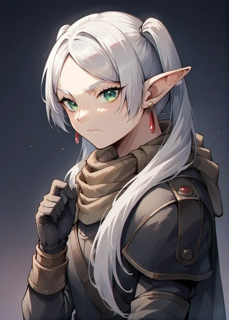 source_ anime, dark background,<lora:frieren_nereirfpnxl_pony_v2:0.8> nereirfpnxl, frieren, pointy ears, long hair, elf, earrings, green eyes, twintails, looking at viewer, white hair, closed mouth, <lora:Cayde-6_PonyXL:0.8> armor, scarf, cape, black gloves, hood,, BREAK score_9, score_8_up, score_7_up, score_6_up, score_5_up,