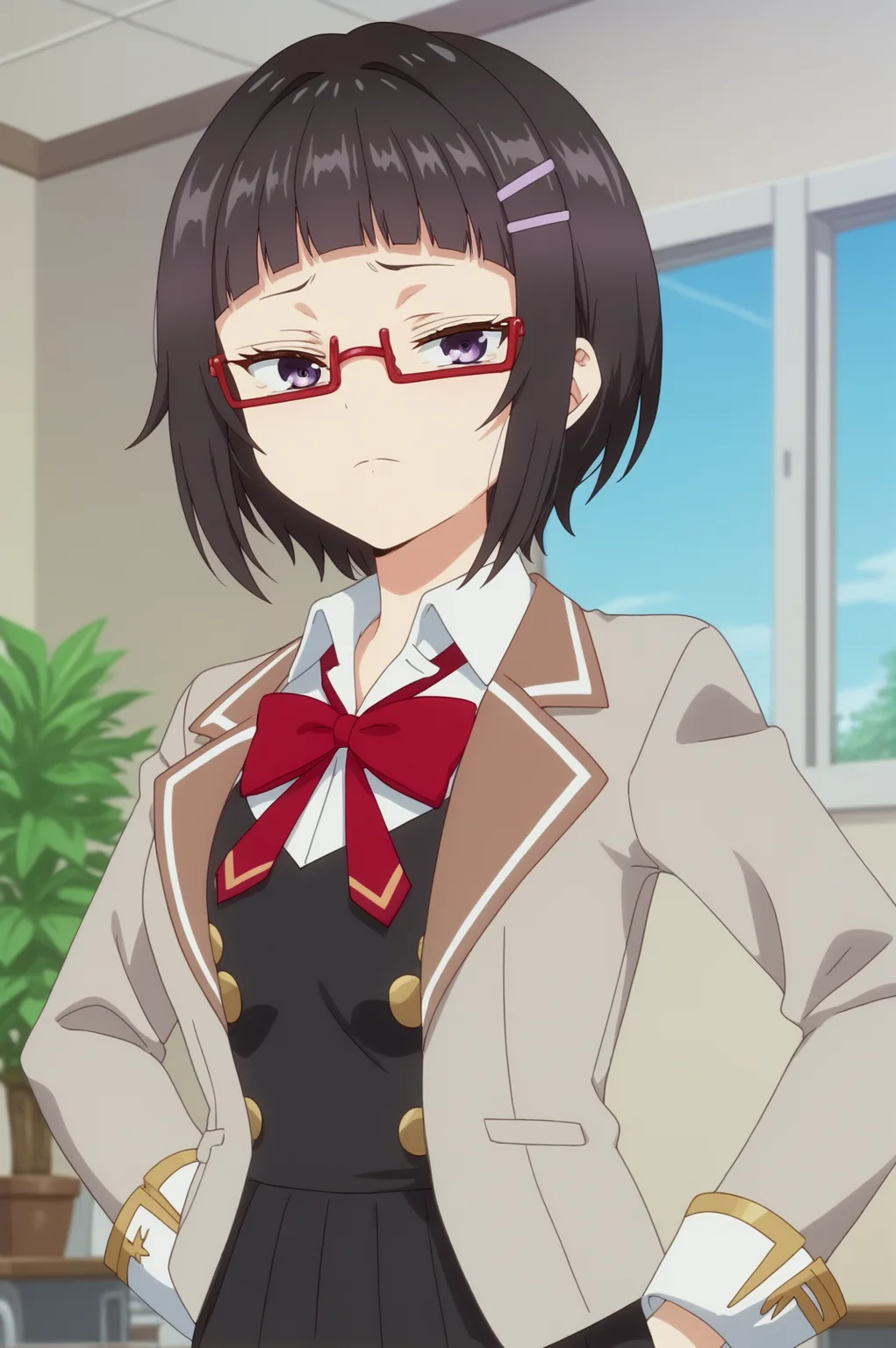sayaka taniyama,anime screencap,1girl,solo,mature,short hair,school uniform,bow,purple eyes,jacket,bangs,red bow,shirt,collared shirt,indoors,classroom,windows,sky,plant,red-framed eyewear,hairclip,bangs,emotionless,arms on hips <lora:Sayaka_Taniyama - PDXL2.safetensors:0.8> <lora:detailed_backgrounds_v2:0.8>