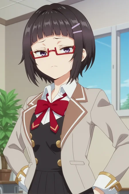 sayaka taniyama,anime screencap,1girl,solo,mature,short hair,school uniform,bow,purple eyes,jacket,bangs,red bow,shirt,collared shirt,indoors,classroom,windows,sky,plant,red-framed eyewear,hairclip,bangs,emotionless,arms on hips <lora:Sayaka_Taniyama - PDXL2.safetensors:0.8> <lora:detailed_backgrounds_v2:0.8>