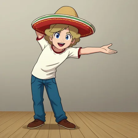 1boy, blonde hair, solo, brown hair, blue eyes, freckles, Daniel, sombrero, holding, full body, shirt, dancing, maracas