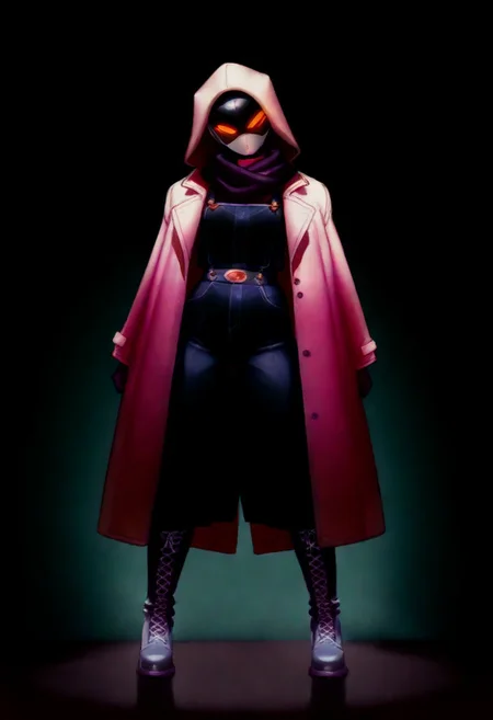 masterpiece, dark, full portrait, amber, 4k
female, age 18, standing, head tilt left, charge, dynamic pose
Coat: A loose, baggy women's coat with a hood, in a deep violet or dark burgundy shade. The fabric has a soft but sturdy texture, giving it a slightly dramatic drape.
Scarf: A thick, dark scarf made of chunky, soft fiber (possibly wool or a similar material), wrapped over the coat to cover the neck for warmth and style.
Gloves: Half-finger gloves made of black fiber, slightly textured, giving a casual yet edgy feel.
Boots: Black gothic boots with chrome accents, such as metallic toecaps, buckles, or decorative studs. The boots are sturdy, slightly oversized, and lace-up to complement the overall look.
Silhouette: A slightly oversized and relaxed aesthetic, with baggy elements contributing to a cozy, mysterious vibe.
neon eyes