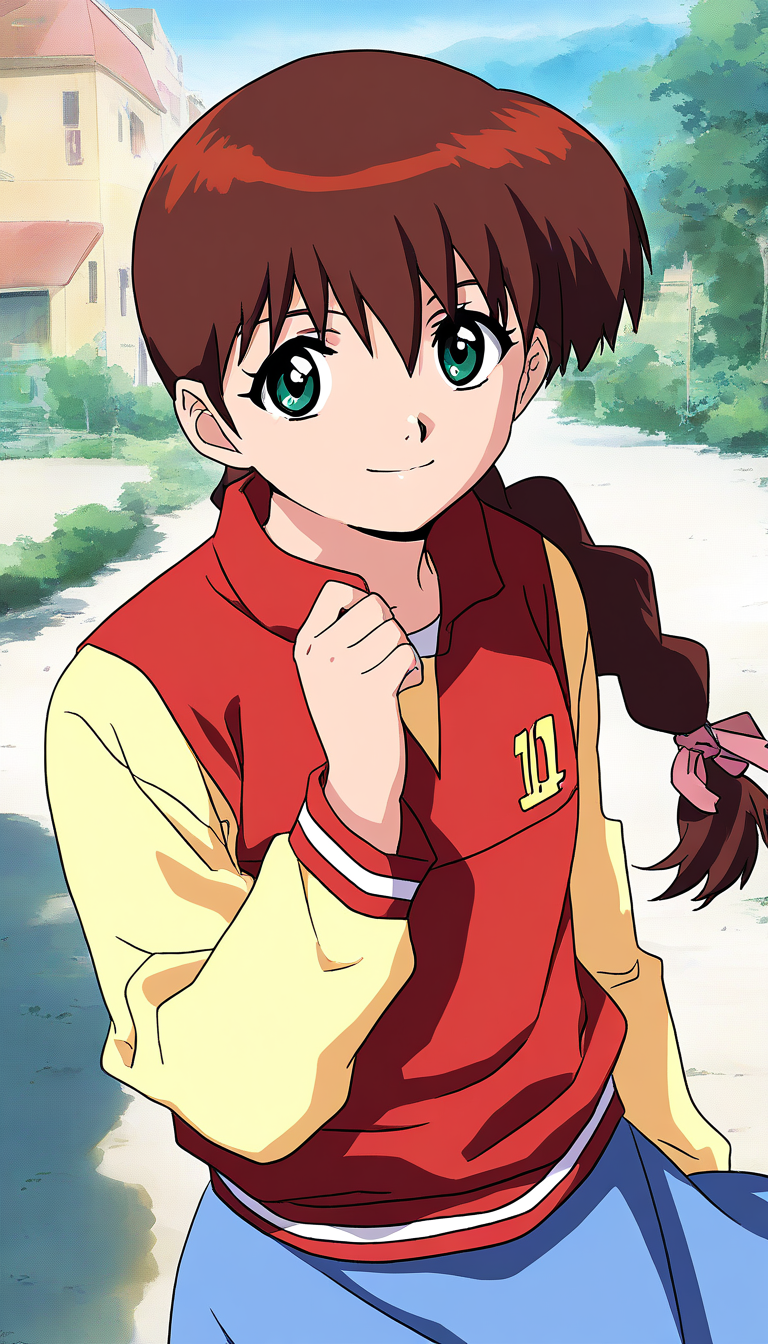 masterpiece, best quality, good quality, <lora:Miyanoshita_Satsuki_IS:1>
Miyanoshita_Satsuki, 1girl, brown hair, green eyes, single braid, long hair, bangs, 11,
blue skirt,red vest,Yellow long sleeves,
 anime coloring,  day, outdoor,
smile,looking at viewer, cowboy_Shot,