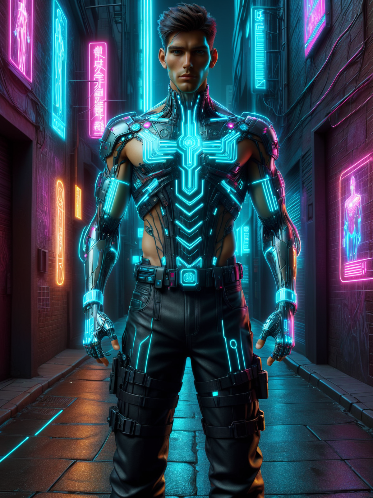 man in cyberounk alley, Crossed arm pose <lora:Neon_Cyberpunk_SDXL:1> neonbody, cyberbody, holodrift, (masterpiece:1.2), best quality