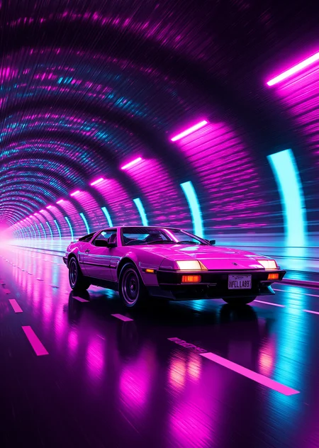 <lora:ck-Neon-Retrowave:1>, ck-nw, in the style of ck-nw, action shot of a DMC-12 car driving through a tunnel
