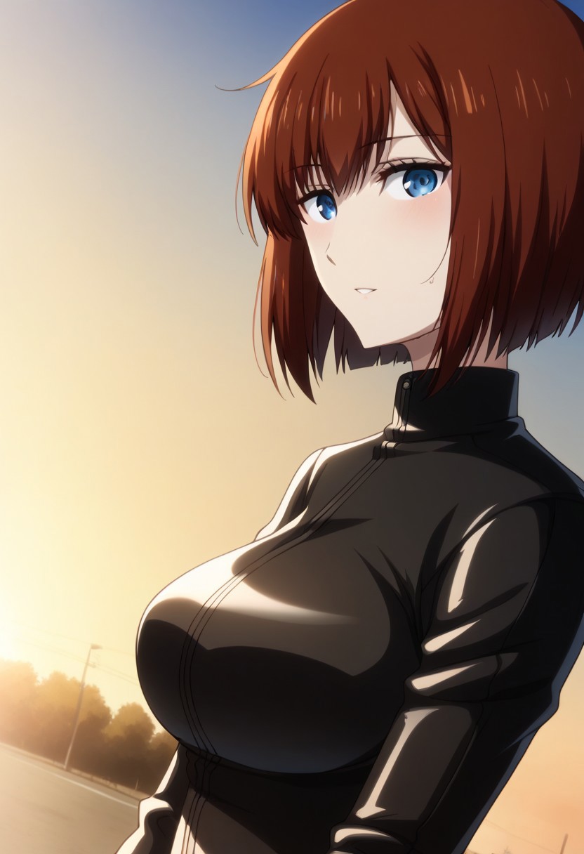 Ultra-high-detailed Anime illustration of Kagari Shiina. The artwork features Kagari in a solo, face focus, upper body, standing position with a outdoors, street background. She is depicted with intricate details showcasing her big_breasts, natural_breasts. She is a white skinned, 22 years old woman. Kagari is looking_at_viewer with perfect_eyes, Her pupils are highly detailed. The eyes are open. blue eyes. Kagari's eyes are highlighted. Highlighted eyevrows. She has long_hair, red_hair styled in floating_hair, shiny_hair and bangs. She is wearing a  motorcycle suit, black_motorcycle suit, full body motorcycle suit with black gloves, black belt and black shoes. The artistic style is intricate_details_xl with a focus on Anime art. The color palette emphasizes red and black with detailed strokes to bring out the character's features. The lighting creates dramatic shadows and highlights, adding depth to the artwork. The perspective is from a face focus, dutch angle to enhance the impact of the character's expression. This masterpiece is a true portrayal of Kagari's complex personality and will captivate any fan of Kagari.