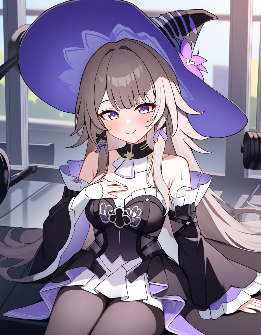 masterpiece, best quality, newest, absurdres, highres, safe,, <lora:the-herta-illustriousxl-lora-nochekaiser:1>, the herta, the herta (honkai: star rail), brown hair, long hair, purple eyes, medium breasts,, bare shoulders, black dress, black hat, detached sleeves, hat, hat flower, hat ornament, long sleeves, pantyhose, witch hat, gym, weights, machines, people, sweat, smile, hands on own chest, looking at viewer, solo,, cowboy shot, solo