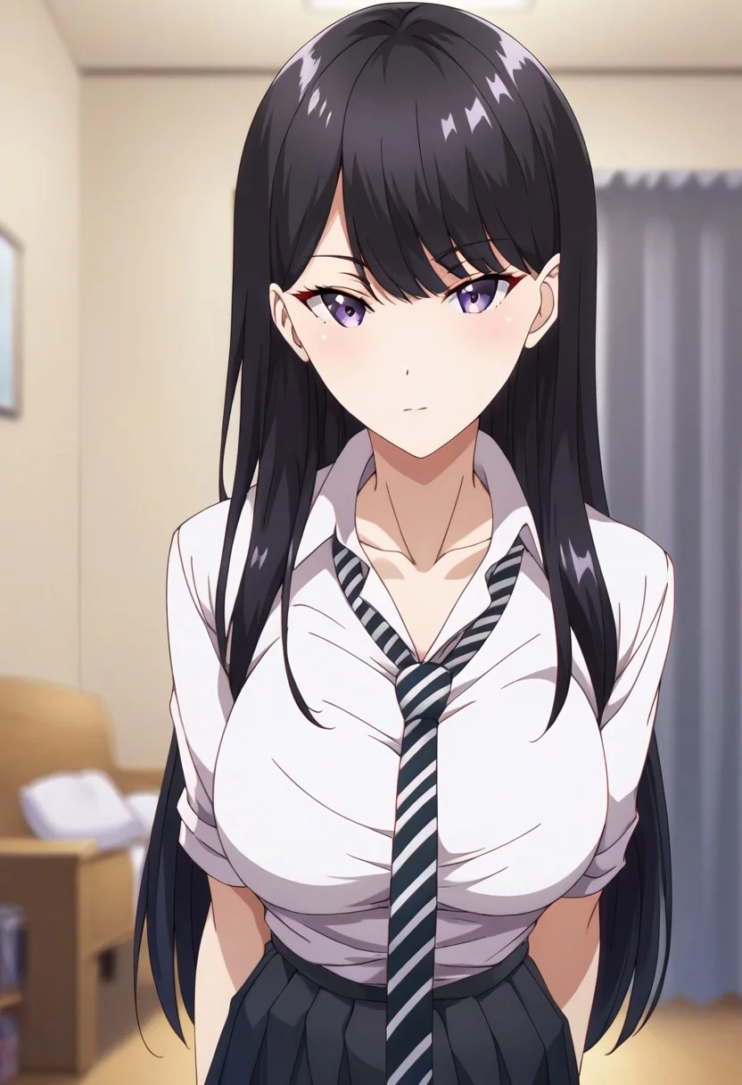score_9,score_8_up,score_7_up,score_6_up,(chromatic aberration:1.3),blurry, blurry background,1girl,solo,kuroda,black hair,long hair,bangs,purple eyes,school uniform,shirt,white shirt,collared shirt,skirt,pleated skirt,black skirt,necktie,striped necktie,collarbone,breasts,large breasts,dark,under light,standing,posing,sexy,indoors,living room,cowboy shot, dutch angle