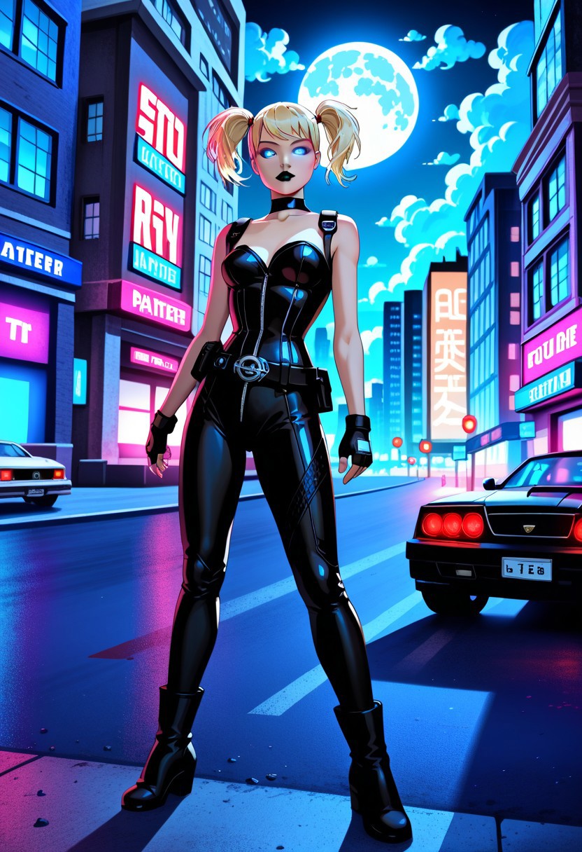 masterpiece, best quality, amazing quality, very aesthetic, high resolution, ultra-detailed, absurdres, Harleybtas, 1girl, solo, twintails, short hair, blonde hair, blue eyes, choker, black lips, medium breasts, bodysuit, corset, fingerless gloves, boots, belt, strap, utility belt, city, night, moon, cloud, building, skyscraper, ground vehicle, motor vehicle, black car, g0th1c, glowing, neon lights, glowing eyes, street,