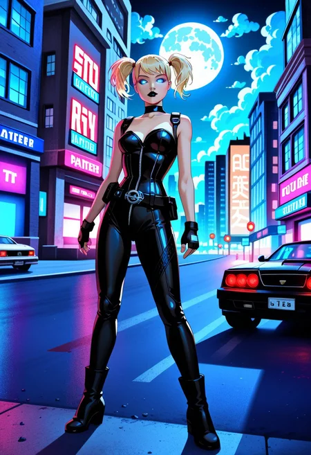 masterpiece, best quality, amazing quality, very aesthetic, high resolution, ultra-detailed, absurdres, Harleybtas, 1girl, solo, twintails, short hair, blonde hair, blue eyes, choker, black lips, medium breasts, bodysuit, corset, fingerless gloves, boots, belt, strap, utility belt, city, night, moon, cloud, building, skyscraper, ground vehicle, motor vehicle, black car, g0th1c, glowing, neon lights, glowing eyes, street,