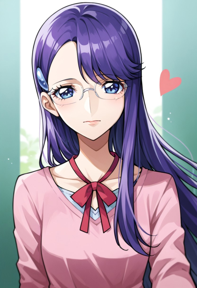 score_9, score_8, score_7, source_anime, tsukikage yuri, glasses, hairclip, long sleeves, heart, closed mouth, dress, navel, portrait, collarbone, POV, neck ribbon, bow