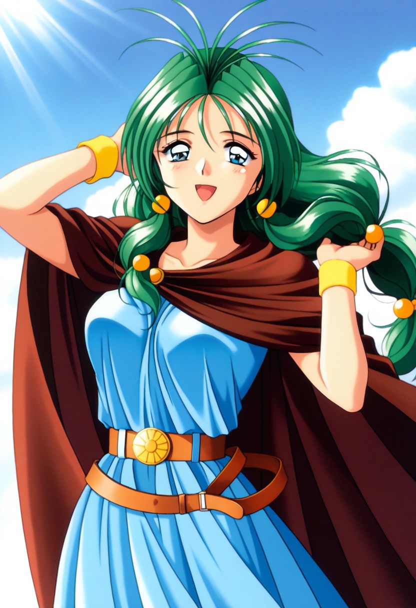 masterpiece, best quality, amazing quality, very aesthetic, high resolution, 1girl, cowboy shot, anime-style, digital art, high resolution, cute girl, smiling, sunlight, bright, clear sky, blue sky, clouds, daytime, outdoor, wind blowing her hair, dynamic pose, cheerful mood, light reflections, detailed background, high quality, beautiful, attractive, light rays, bright lighting, sky, joyful, happy, energetic, bright atmosphere, detailed shading, anime aesthetics, vibrant, lively, braid, jewelry, belt, cape, blue dress, wristband, retro artstyle, 1990s \(style\), 
clairemm, blue eyes, green hair, antenna hair, long hair, low-tied long hair, hair bobbles, medium breasts, mature female,