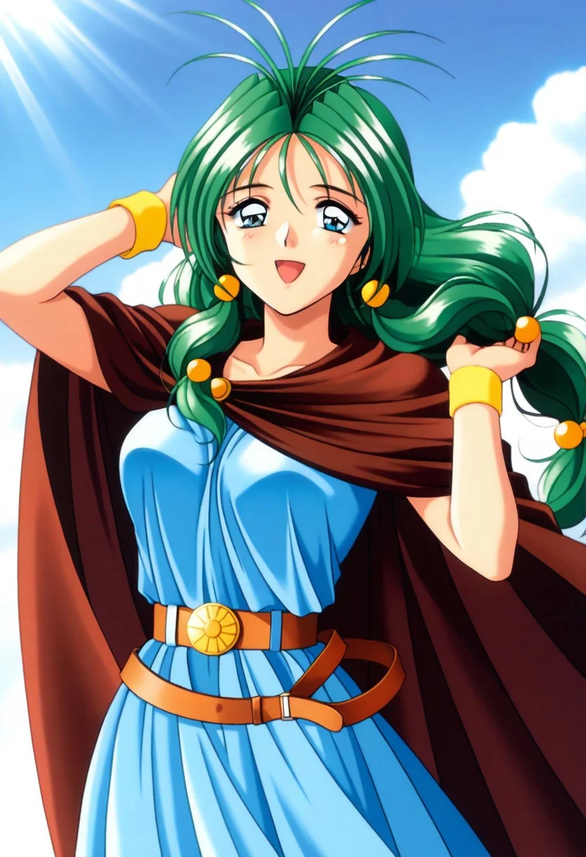 masterpiece, best quality, amazing quality, very aesthetic, high resolution, 1girl, cowboy shot, anime-style, digital art, high resolution, cute girl, smiling, sunlight, bright, clear sky, blue sky, clouds, daytime, outdoor, wind blowing her hair, dynamic pose, cheerful mood, light reflections, detailed background, high quality, beautiful, attractive, light rays, bright lighting, sky, joyful, happy, energetic, bright atmosphere, detailed shading, anime aesthetics, vibrant, lively, braid, jewelry, belt, cape, blue dress, wristband, retro artstyle, 1990s \(style\),
clairemm, blue eyes, green hair, antenna hair, long hair, low-tied long hair, hair bobbles, medium breasts, mature female,