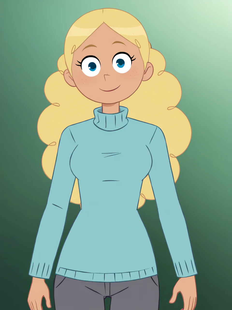 score_9, score_8_up, score_7_up, score_6_up, BREAK, P13rr3tt3, 1girl, solo, long hair, blue eyes, blonde hair, blue sweater, turtleneck, grey pants,
standing, simple background, smile, face viewer, looking at viewer <lora:Pierrette-000009:0.9>