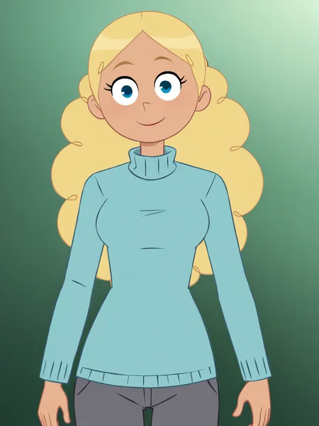 score_9, score_8_up, score_7_up, score_6_up, BREAK, P13rr3tt3, 1girl, solo, long hair, blue eyes, blonde hair, blue sweater, turtleneck, grey pants,
standing, simple background, smile, face viewer, looking at viewer <lora:Pierrette-000009:0.9>