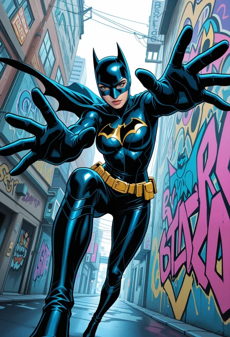 graffiti style 1girl, solo, batman, perspective, reaching, masterpiece, best quality, amazing quality, dynamic pose, dutch angle shot . street art, vibrant, urban, detailed, tag, mural